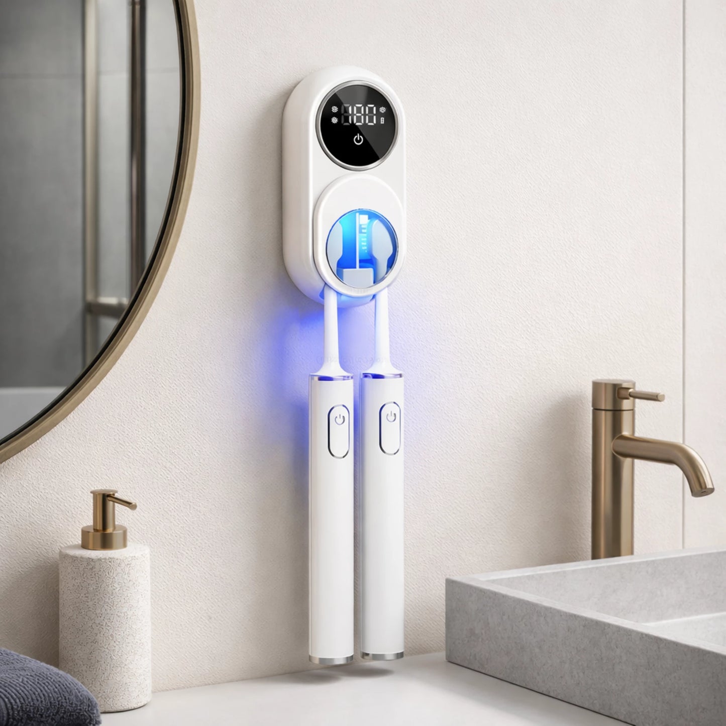 UV toothbrush sterilizer mounted on bathroom wall next to sink in a modern bathroom.