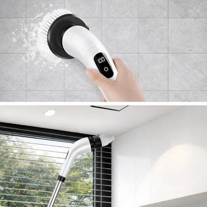 Cleaning tool with digital display used for scrubbing a tiled wall and cleaning blinds.