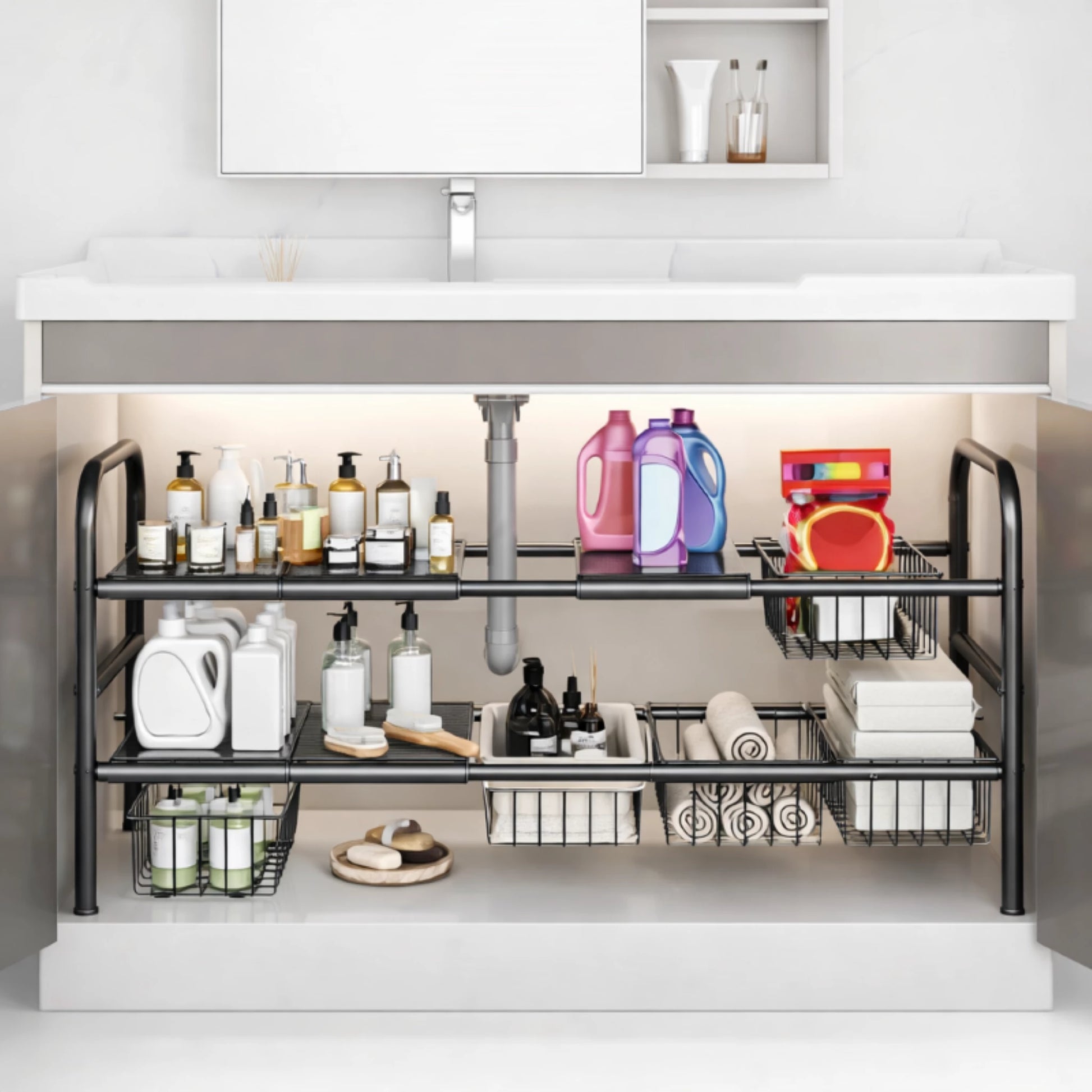 Under-sink organizer with various items in a modern bathroom setting