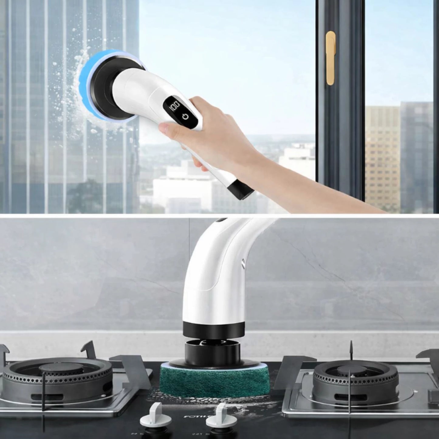 Hand using a window cleaning tool to clean a glass surface with a cityscape in the background.