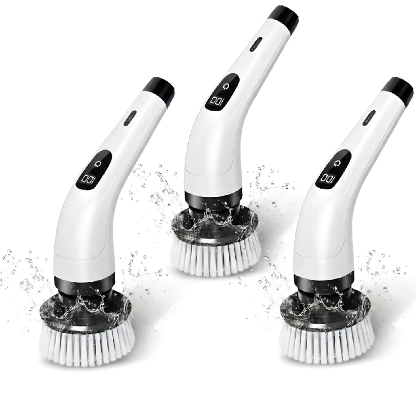 Three white cleaning brushes with black handles and digital displays on a white background.