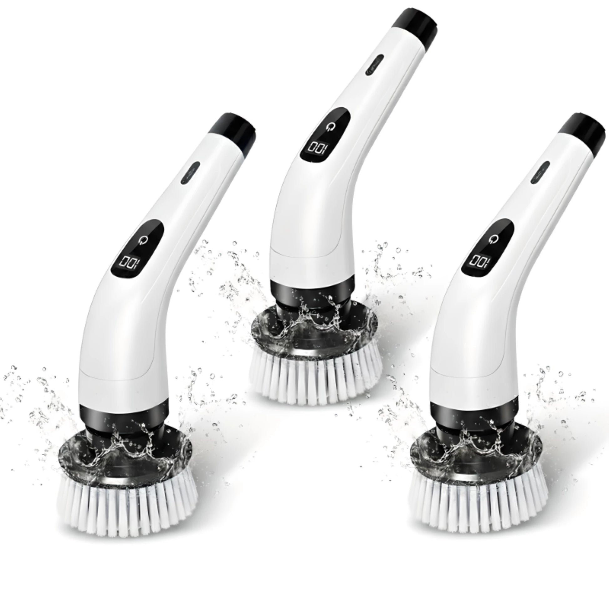 Three white cleaning brushes with black handles and digital displays on a white background.