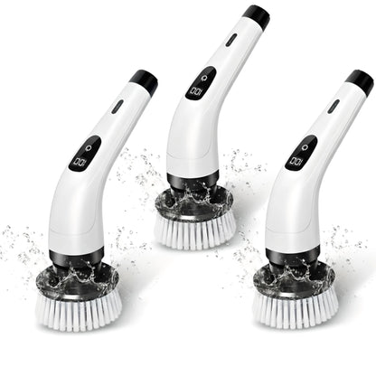 Three white cleaning brushes with black handles and digital displays on a white background.