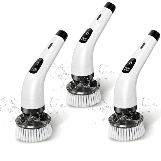 Three white cleaning brushes with black handles and digital displays on a white background.