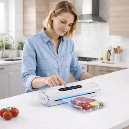 Woman using a vacuum sealer in a kitchen with food on the counter
