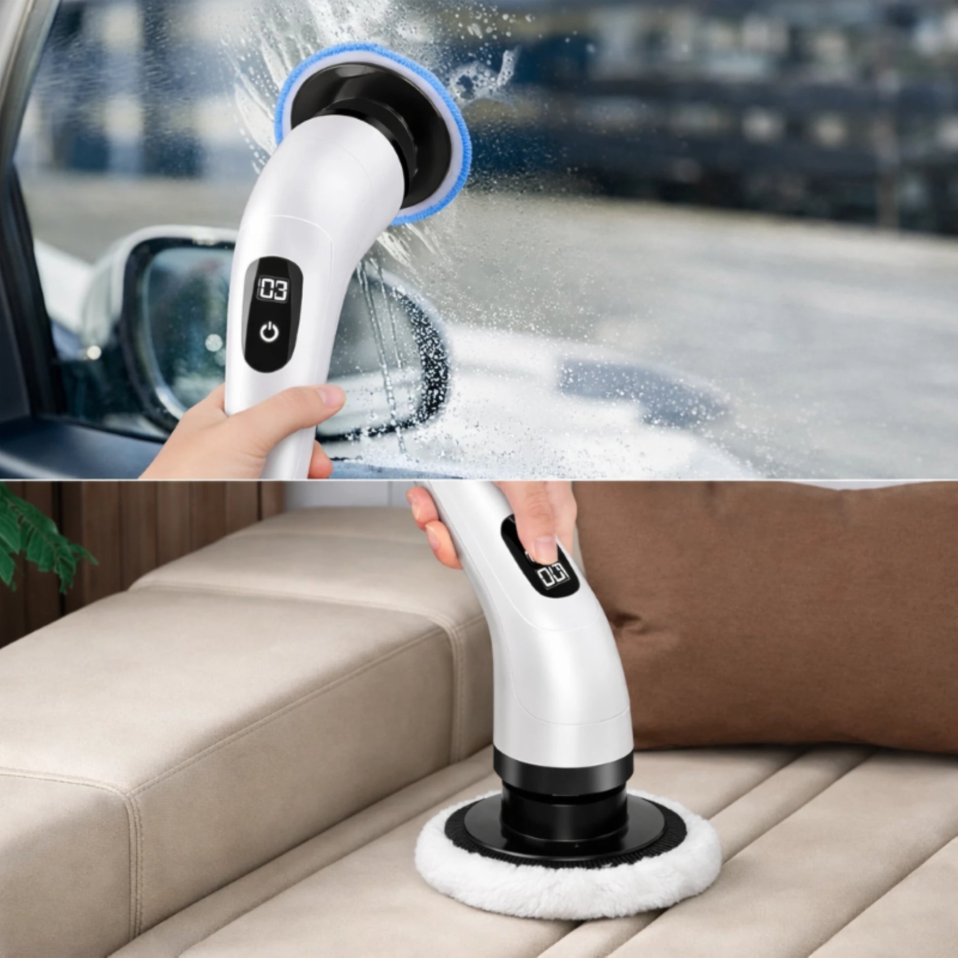 Car cleaning tool being used to clean a car window and a car seat.
