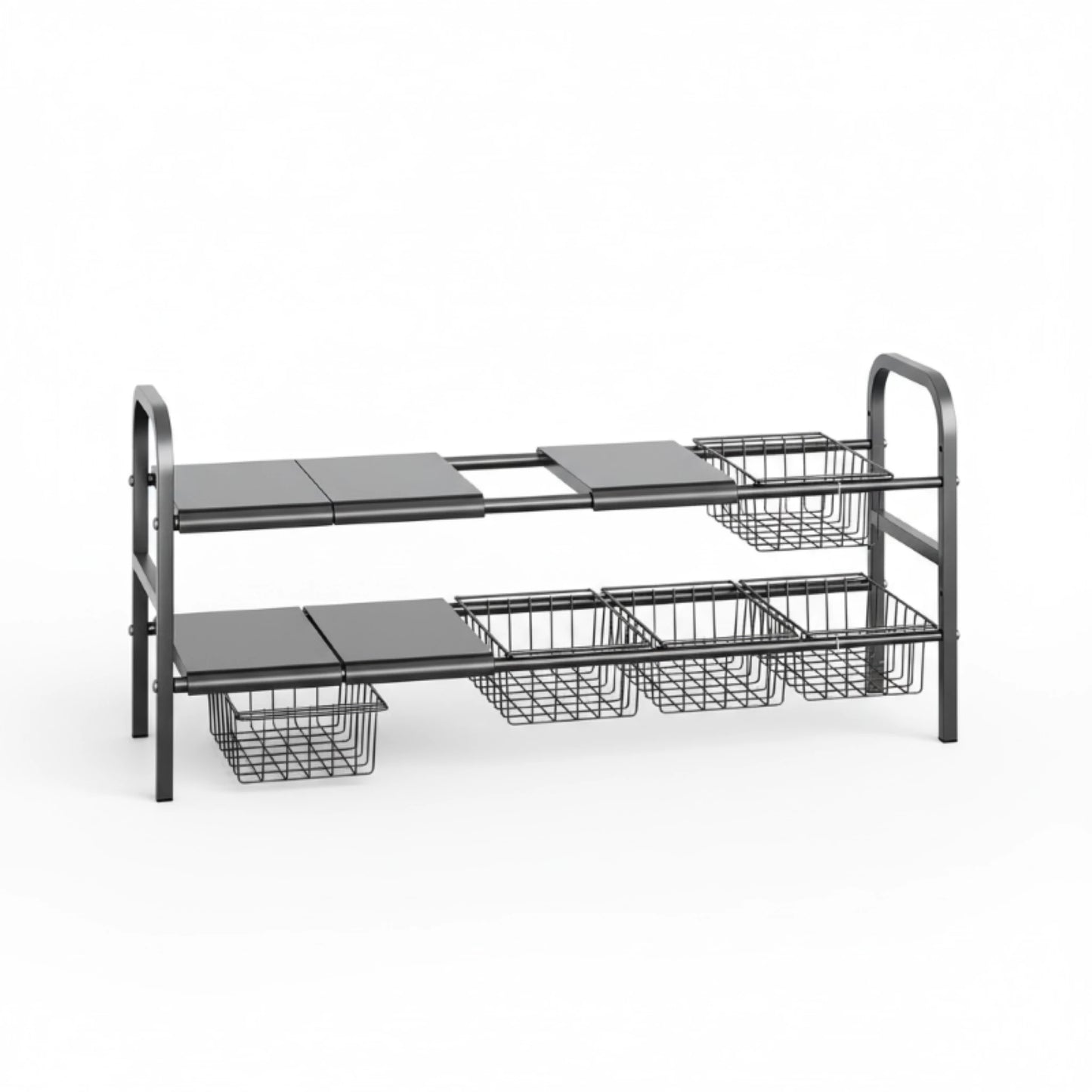 Black metal under sink organizer rack with multiple shelves and wire baskets on a white background