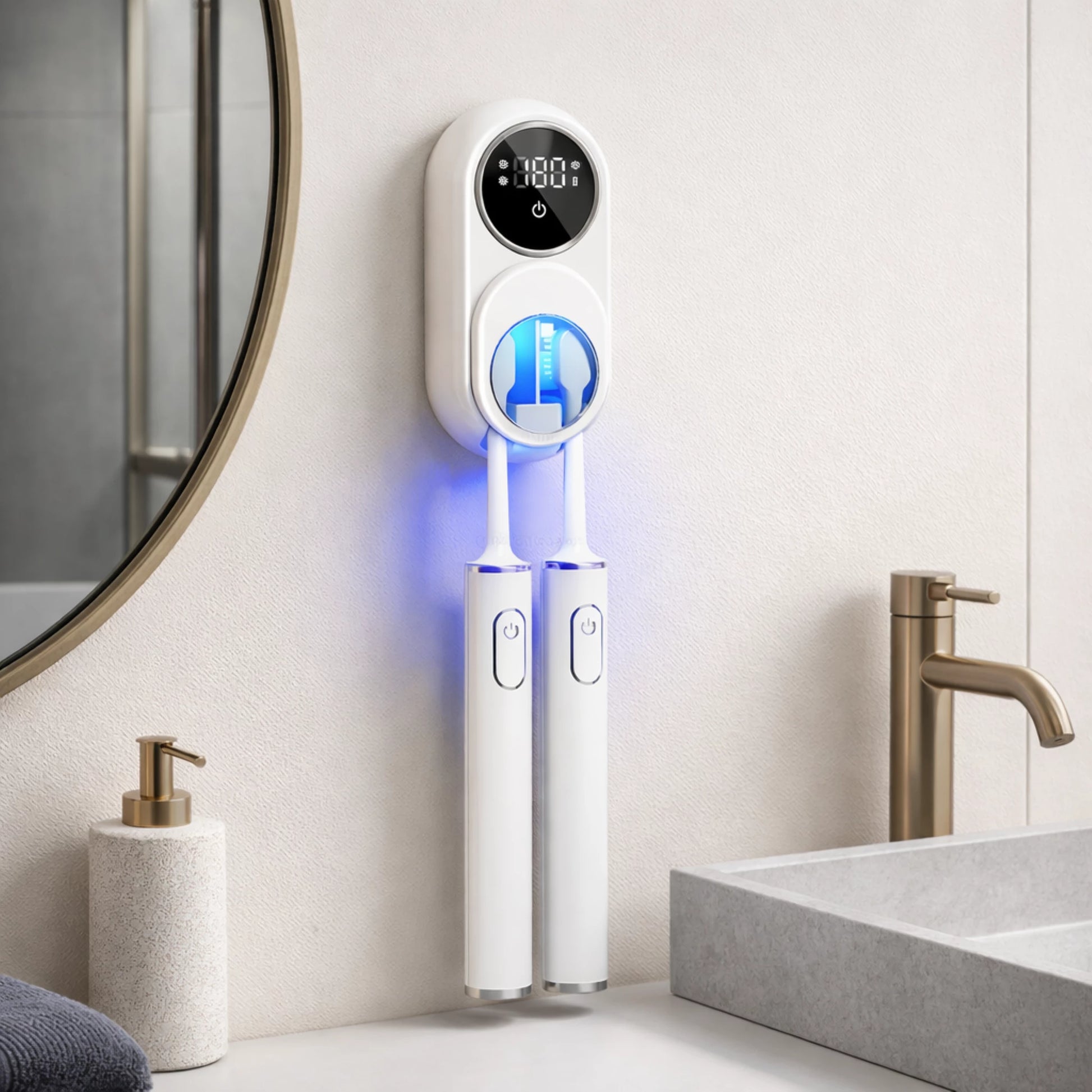UV toothbrush sterilizer mounted on bathroom wall next to sink in a modern bathroom.