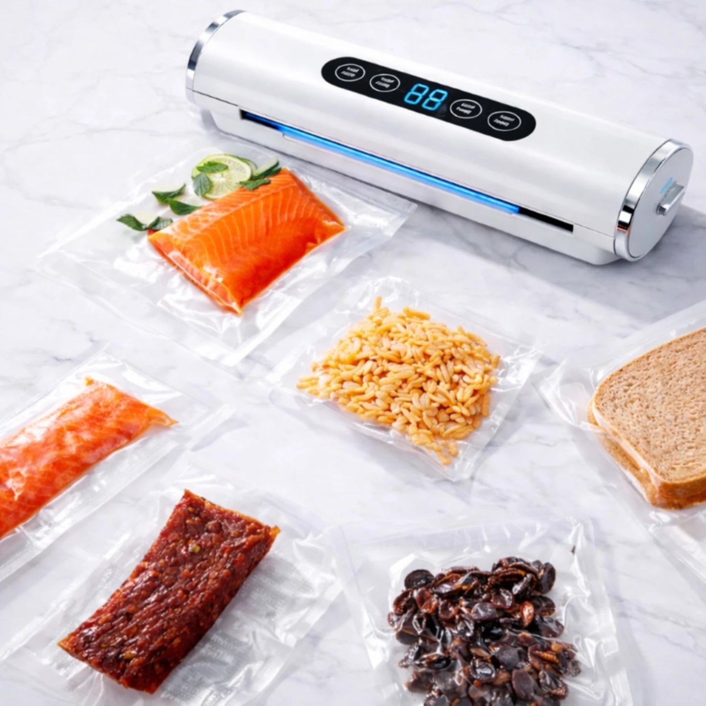 Vacuum sealer with food packaging on a white surface